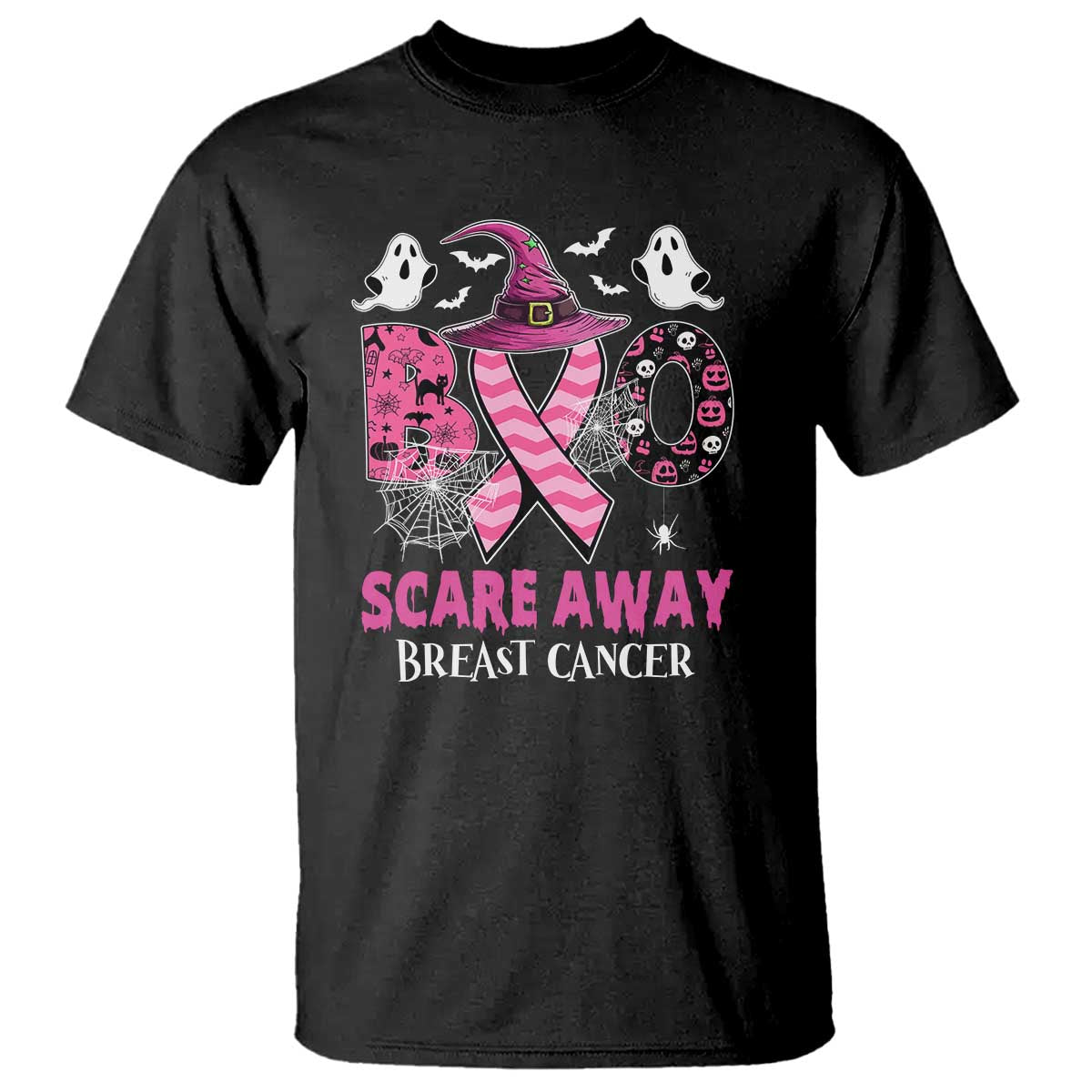 Pink Breast Cancer Halloween T Shirt Boo Scare Away Pink Ribbon Witch - Wonder Print Shop