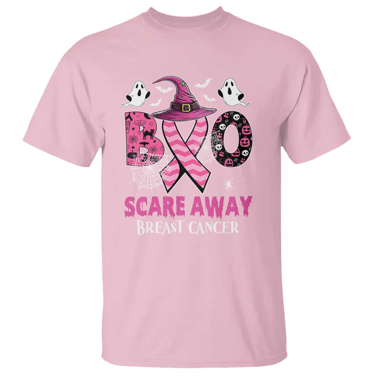 Pink Breast Cancer Halloween T Shirt Boo Scare Away Pink Ribbon Witch - Wonder Print Shop