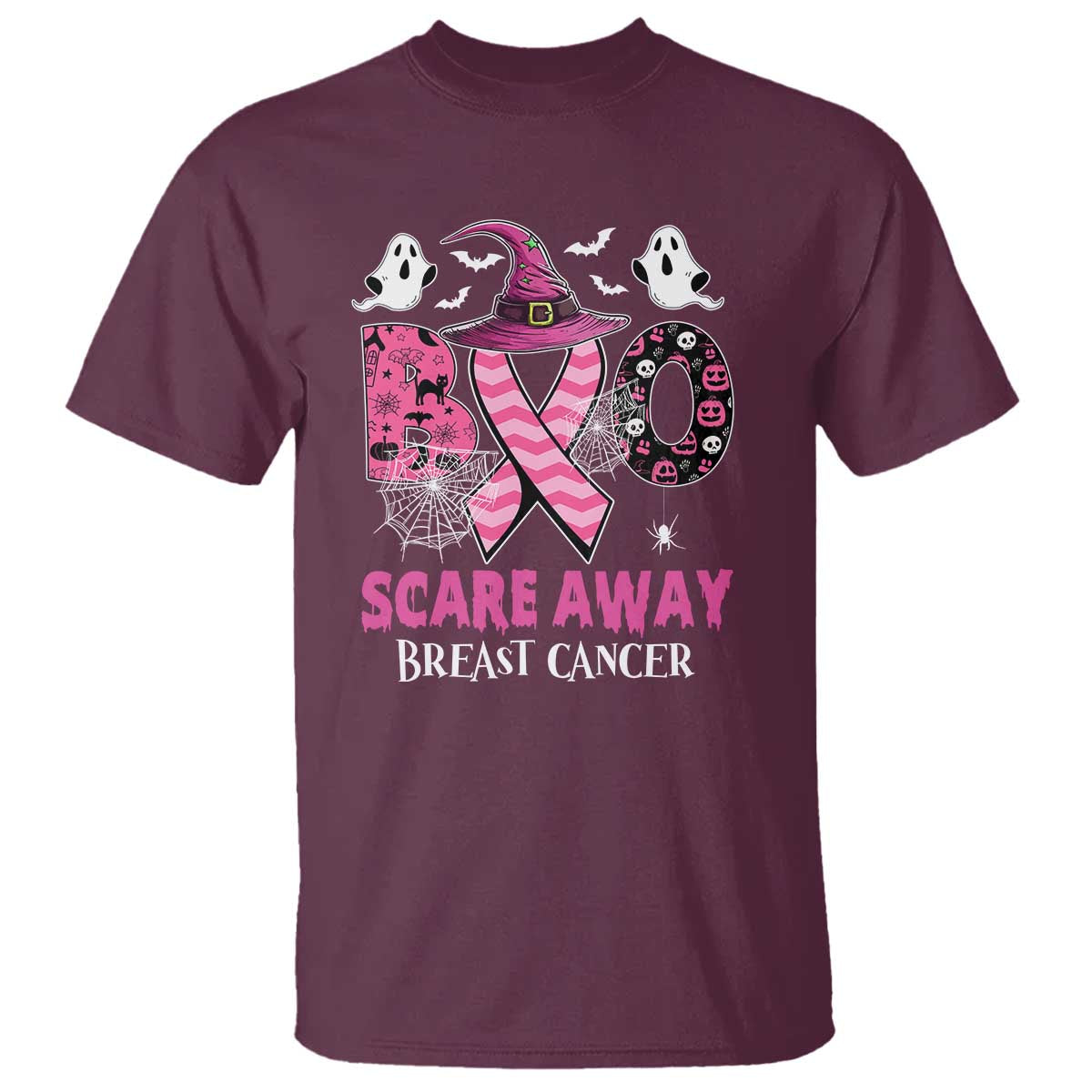 Pink Breast Cancer Halloween T Shirt Boo Scare Away Pink Ribbon Witch - Wonder Print Shop