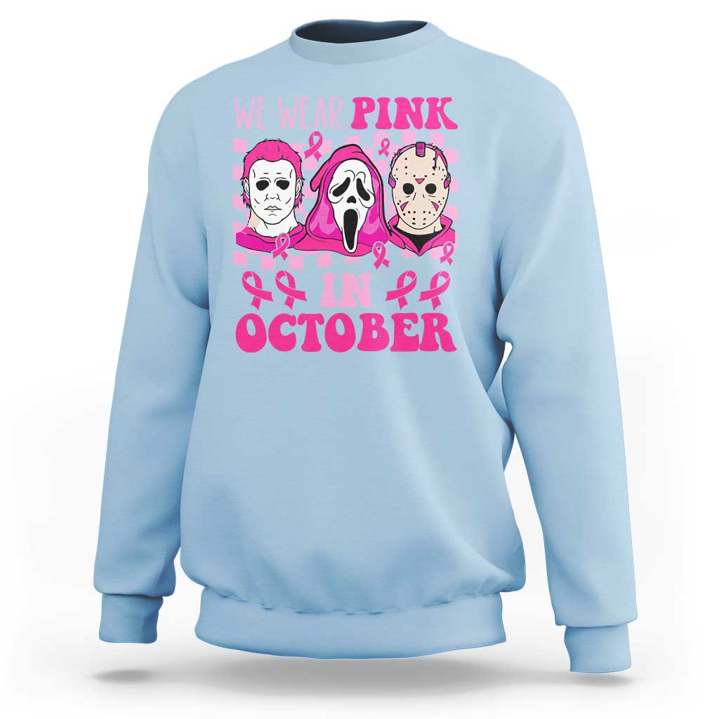 Breast Cancer Halloween Sweatshirt In October We Wear Pink Horror Character - Wonder Print Shop