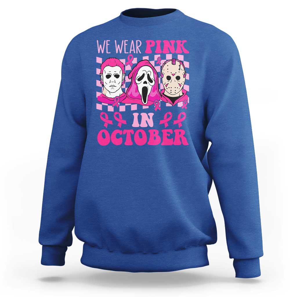 Breast Cancer Halloween Sweatshirt In October We Wear Pink Horror Character - Wonder Print Shop