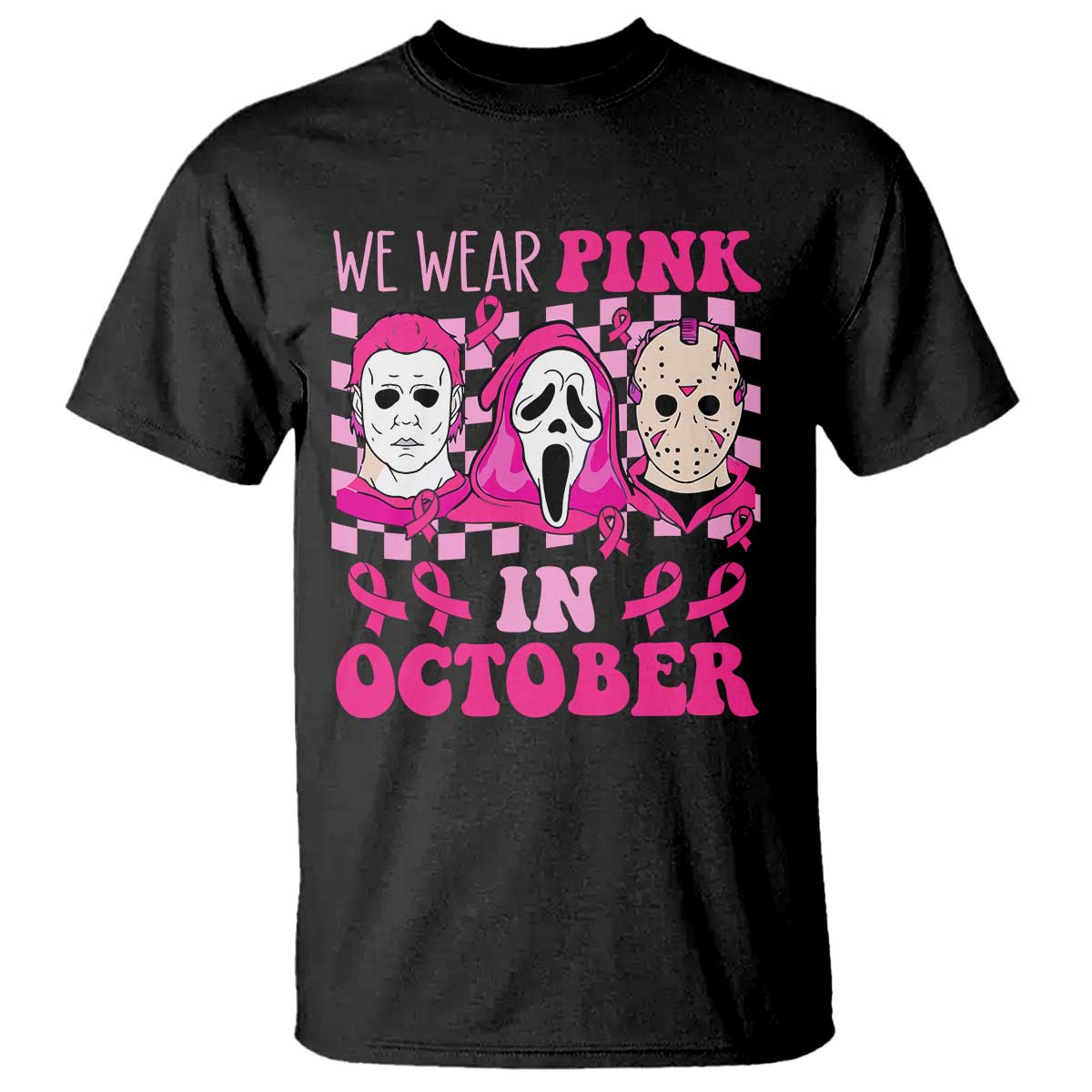 Breast Cancer Halloween T Shirt In October We Wear Pink Horror Character - Wonder Print Shop