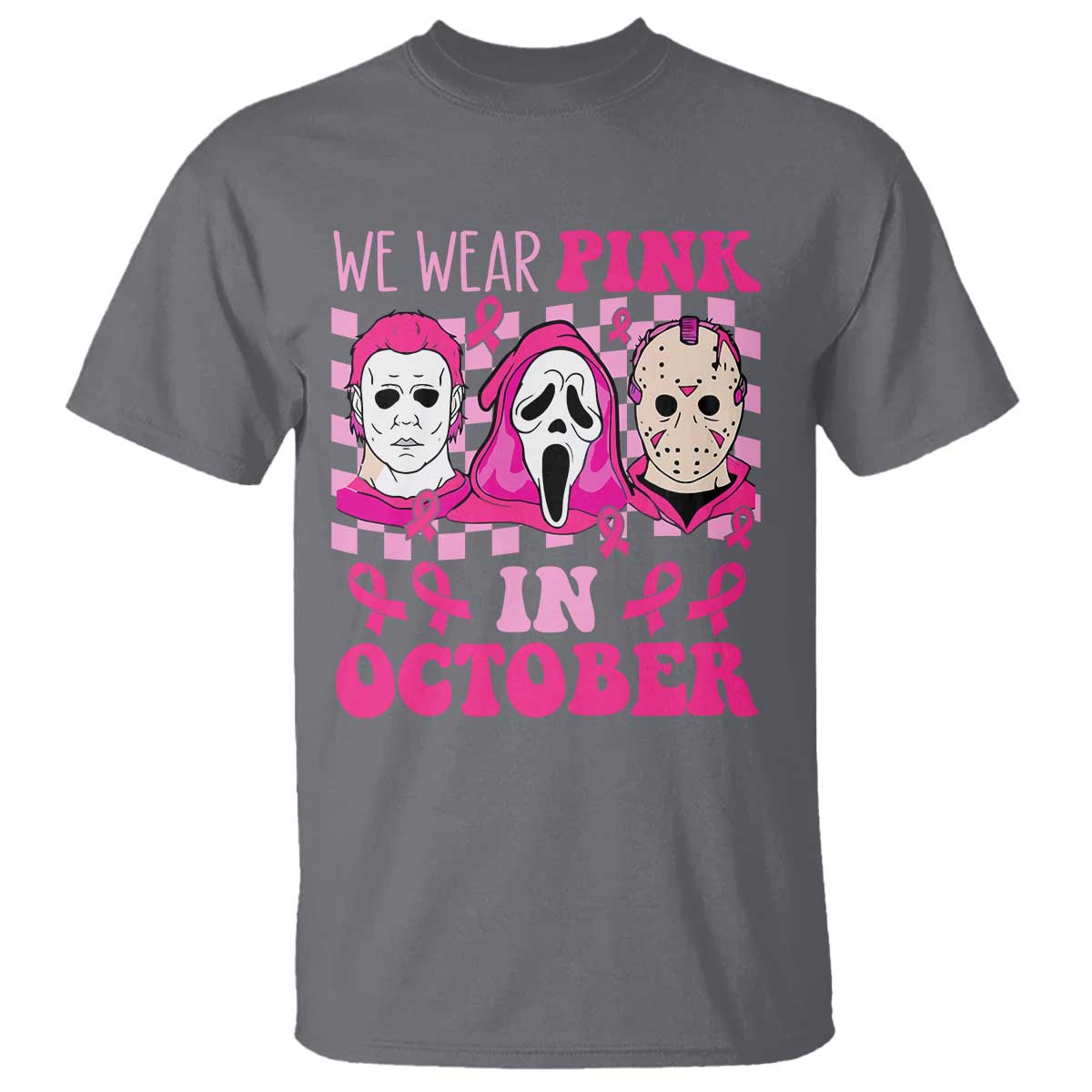 Breast Cancer Halloween T Shirt In October We Wear Pink Horror Character - Wonder Print Shop