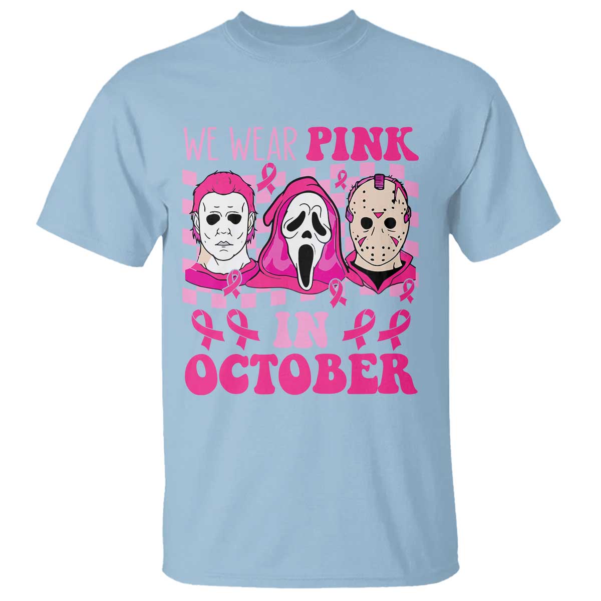 Breast Cancer Halloween T Shirt In October We Wear Pink Horror Character - Wonder Print Shop