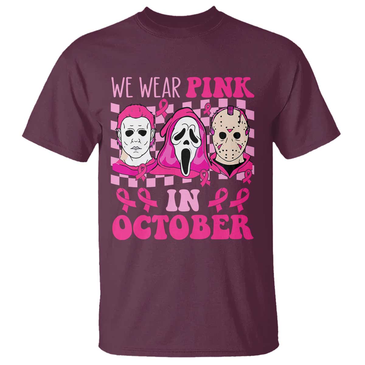 Breast Cancer Halloween T Shirt In October We Wear Pink Horror Character - Wonder Print Shop