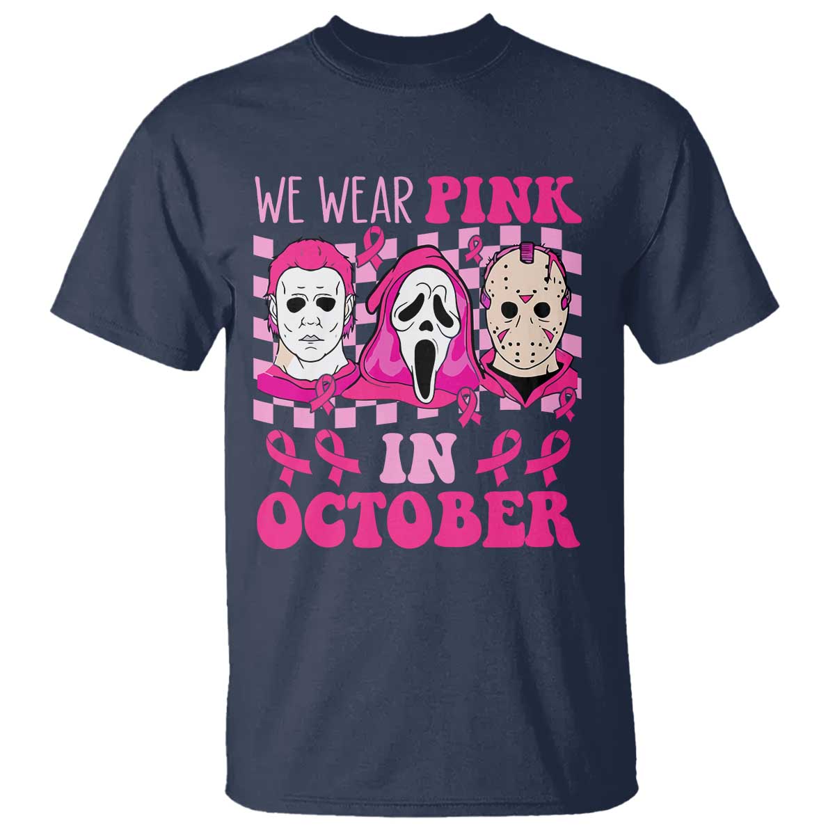 Breast Cancer Halloween T Shirt In October We Wear Pink Horror Character - Wonder Print Shop