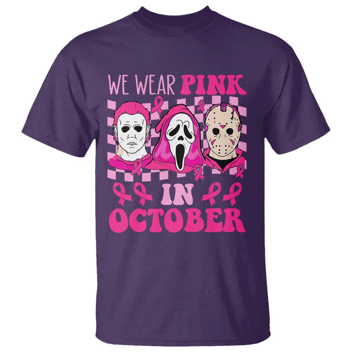 Breast Cancer Halloween T Shirt In October We Wear Pink Horror Character - Wonder Print Shop