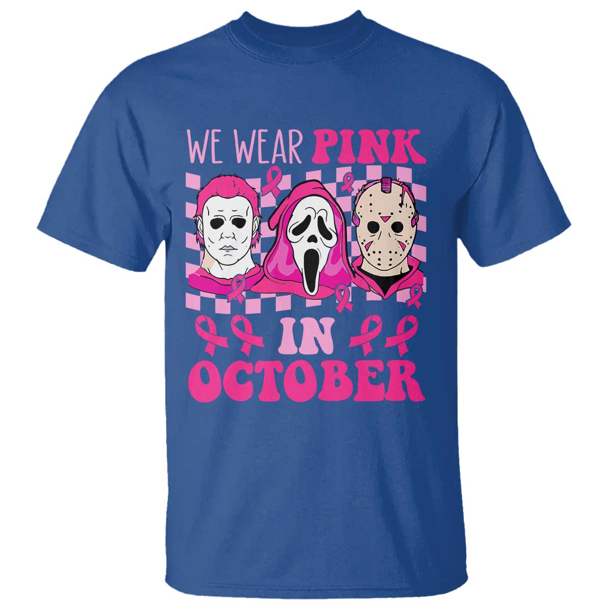 Breast Cancer Halloween T Shirt In October We Wear Pink Horror Character - Wonder Print Shop