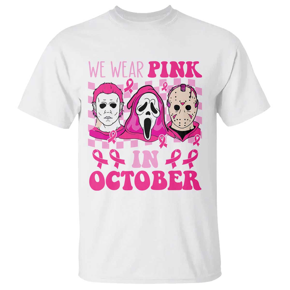 Breast Cancer Halloween T Shirt In October We Wear Pink Horror Character - Wonder Print Shop