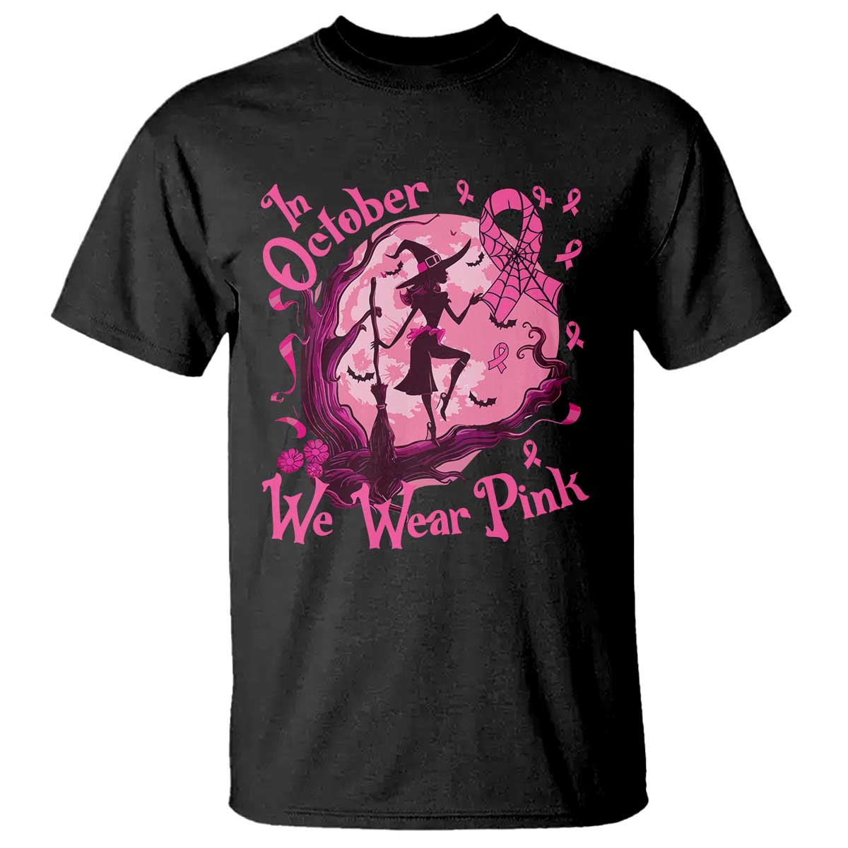 Breast Cancer Halloween T Shirt In October We Wear Pink Witch - Wonder Print Shop