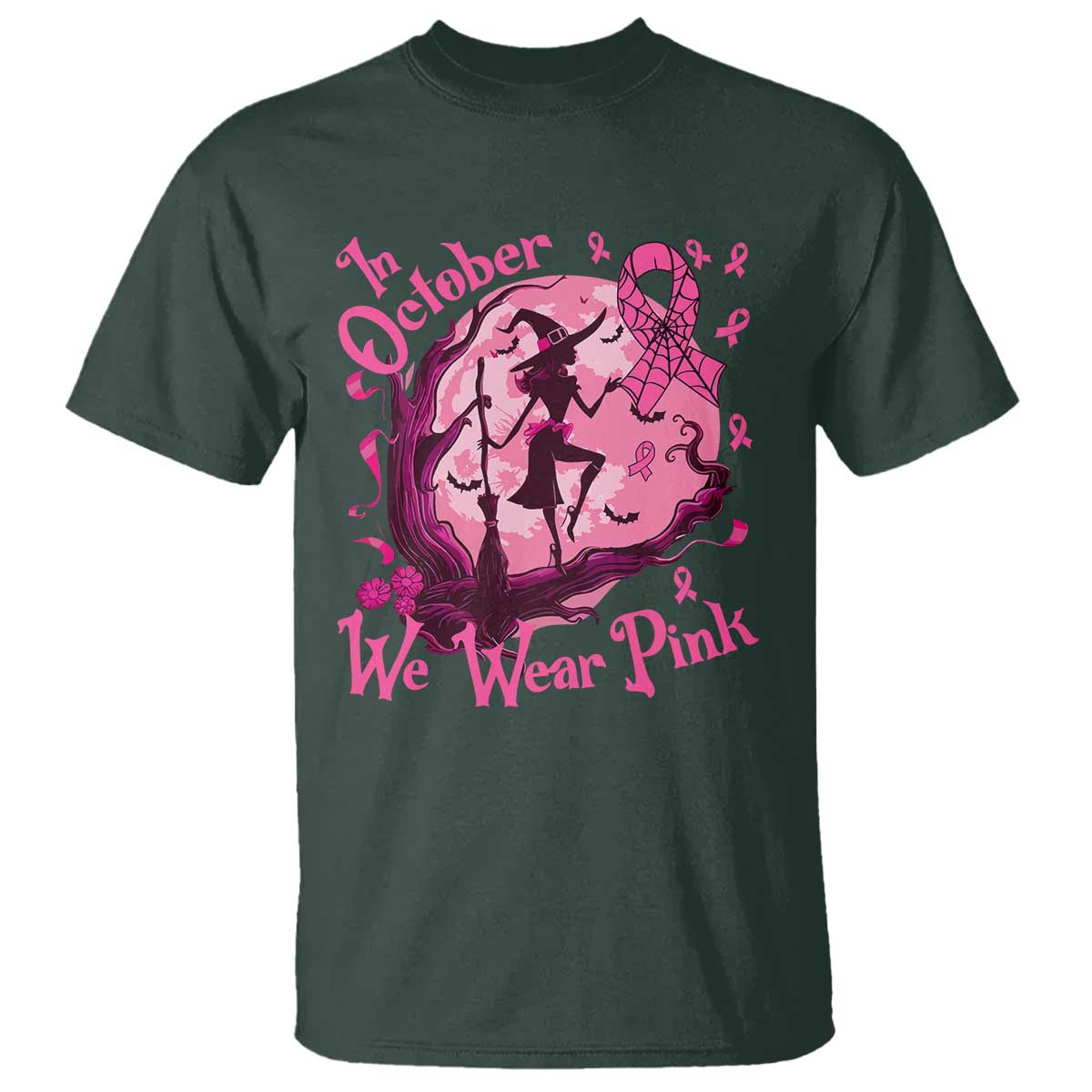 Breast Cancer Halloween T Shirt In October We Wear Pink Witch - Wonder Print Shop