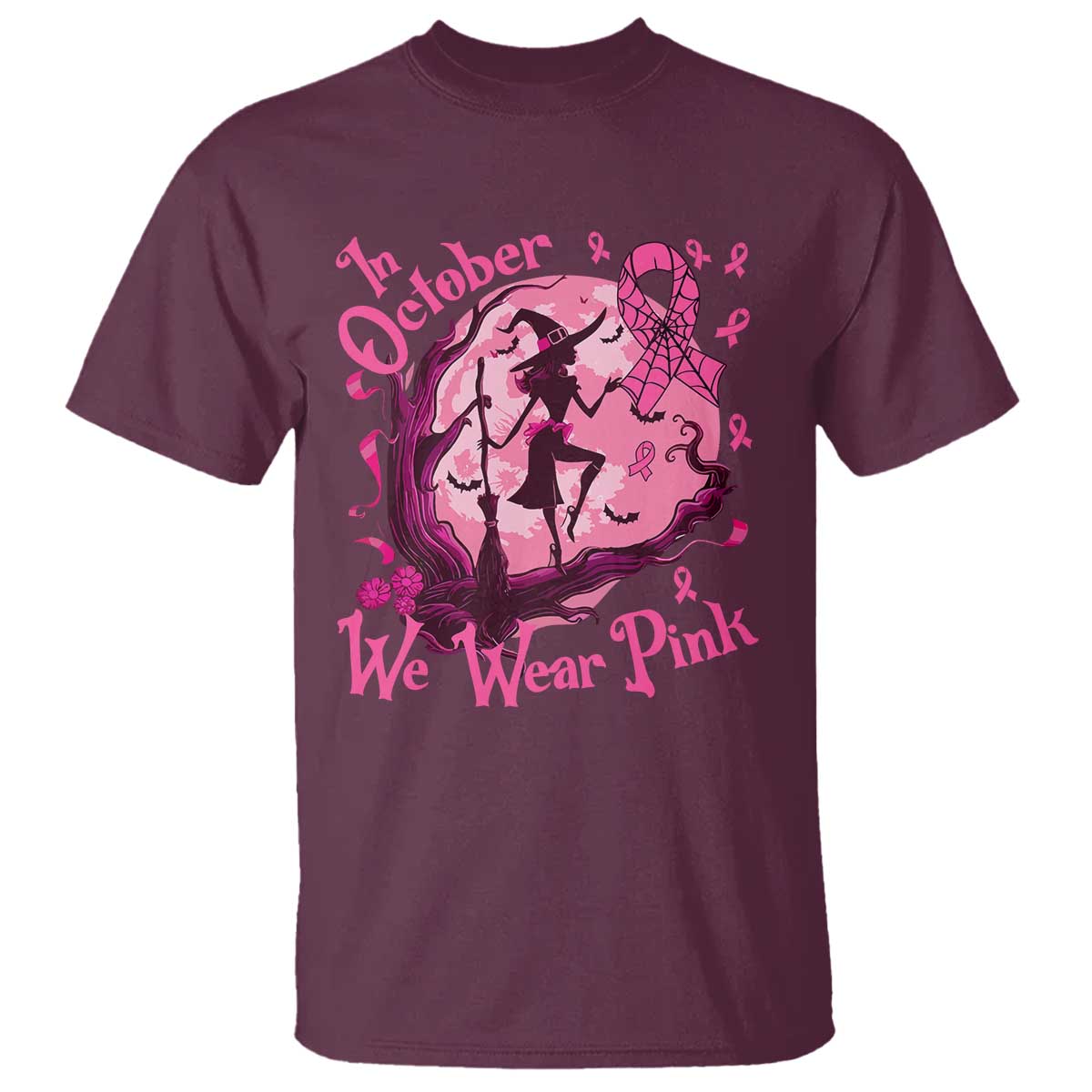 Breast Cancer Halloween T Shirt In October We Wear Pink Witch - Wonder Print Shop