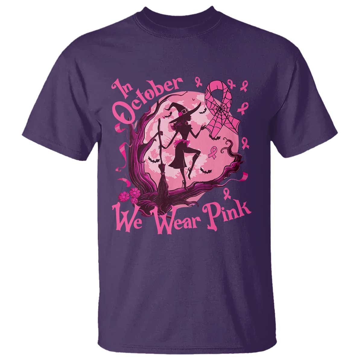 Breast Cancer Halloween T Shirt In October We Wear Pink Witch - Wonder Print Shop