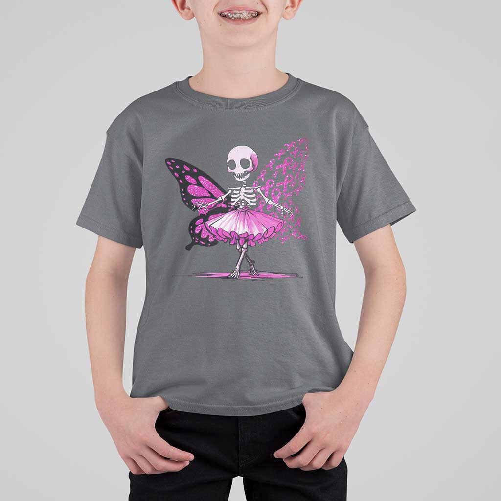 Pink Breast Cancer T Shirt For Kid Cute Ballerina Skeleton Ribbon Buterfly - Wonder Print Shop