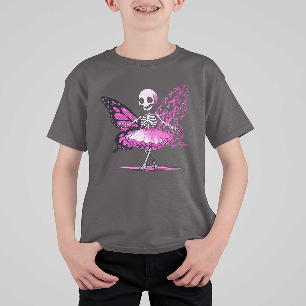 Pink Breast Cancer T Shirt For Kid Cute Ballerina Skeleton Ribbon Buterfly - Wonder Print Shop