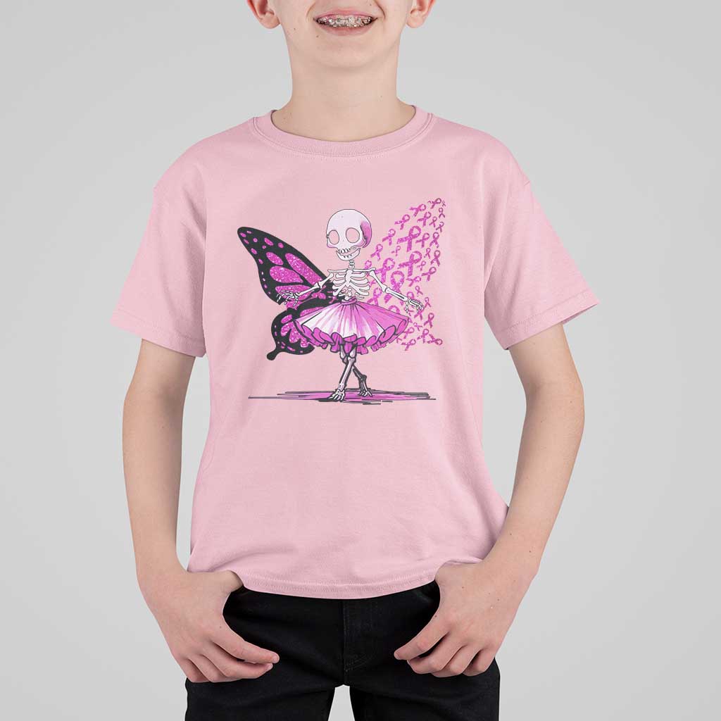 Pink Breast Cancer T Shirt For Kid Cute Ballerina Skeleton Ribbon Buterfly - Wonder Print Shop