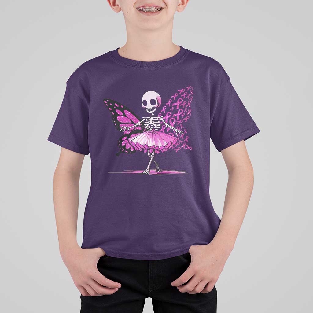 Pink Breast Cancer T Shirt For Kid Cute Ballerina Skeleton Ribbon Buterfly - Wonder Print Shop