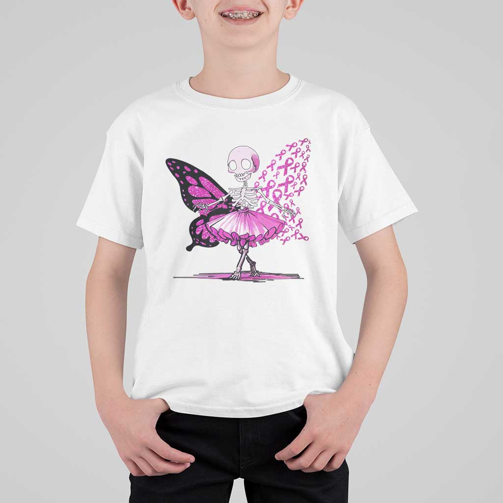 Pink Breast Cancer T Shirt For Kid Cute Ballerina Skeleton Ribbon Buterfly - Wonder Print Shop