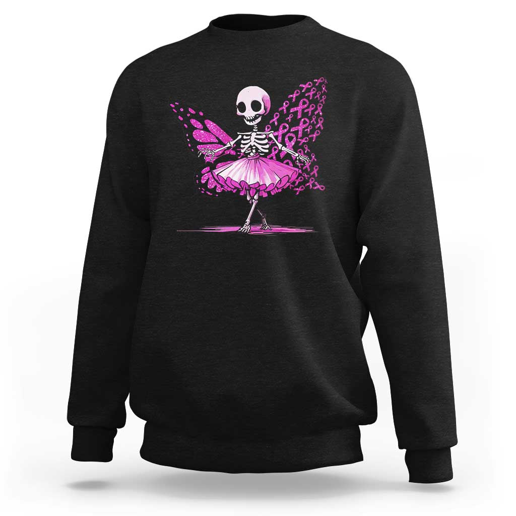 Pink Breast Cancer Sweatshirt Cute Ballerina Skeleton Ribbon Buterfly - Wonder Print Shop