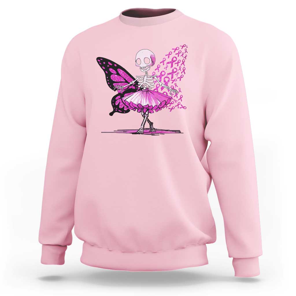 Pink Breast Cancer Sweatshirt Cute Ballerina Skeleton Ribbon Buterfly - Wonder Print Shop