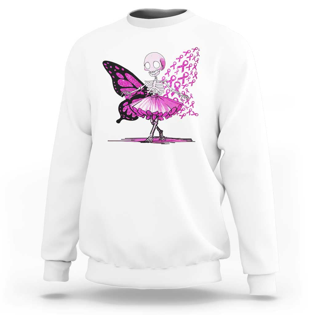 Pink Breast Cancer Sweatshirt Cute Ballerina Skeleton Ribbon Buterfly - Wonder Print Shop