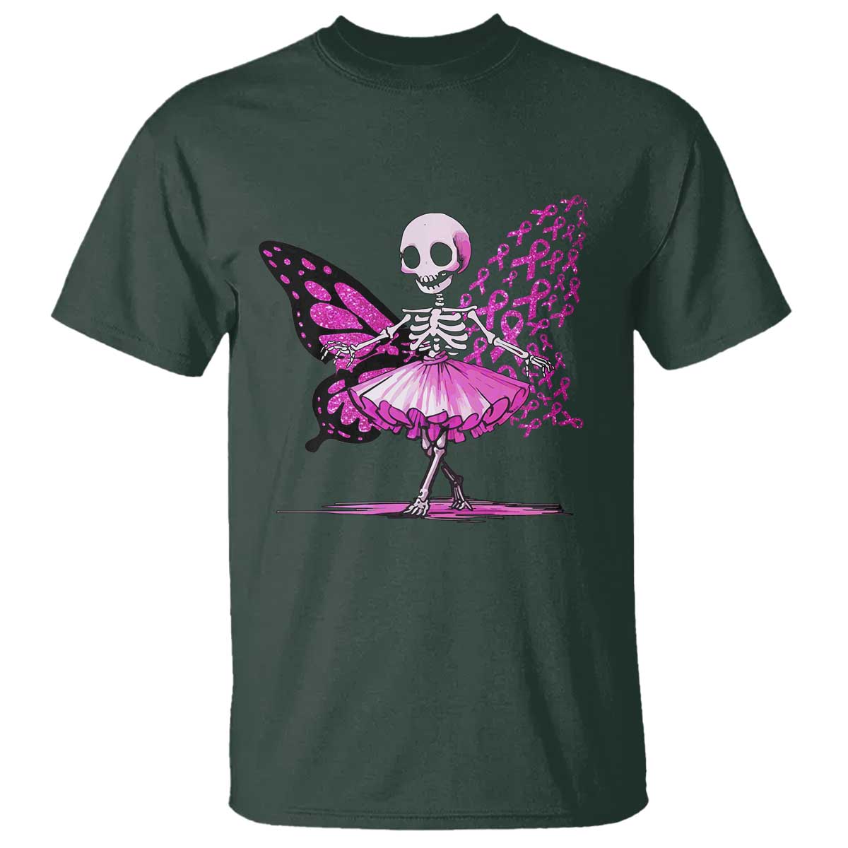 Pink Breast Cancer T Shirt Cute Ballerina Skeleton Ribbon Buterfly - Wonder Print Shop