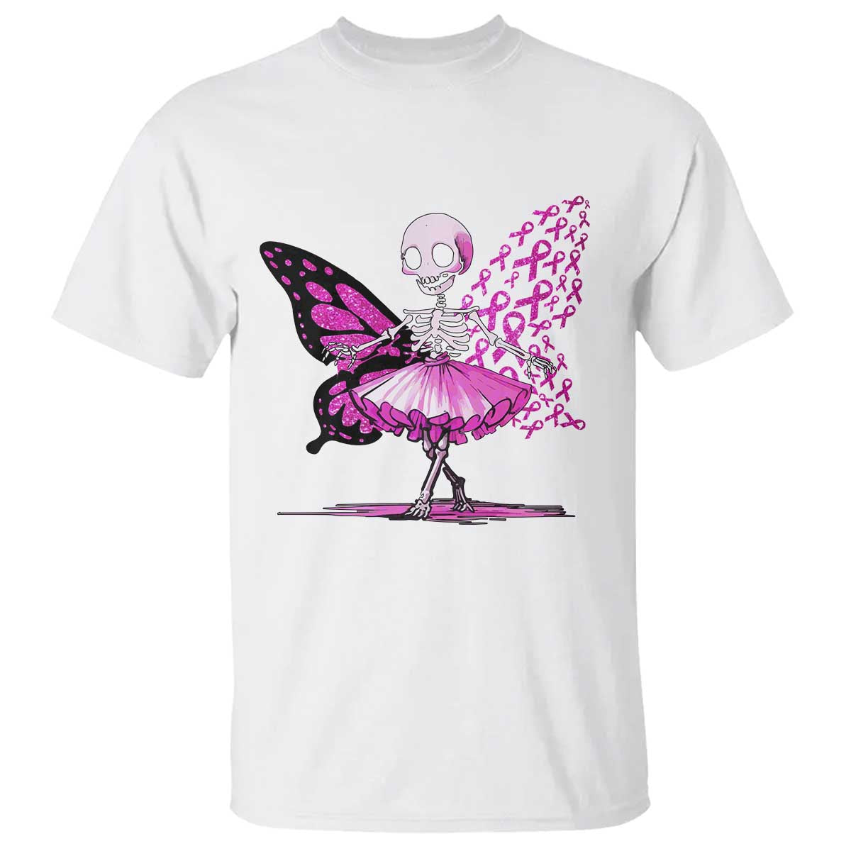 Pink Breast Cancer T Shirt Cute Ballerina Skeleton Ribbon Buterfly - Wonder Print Shop
