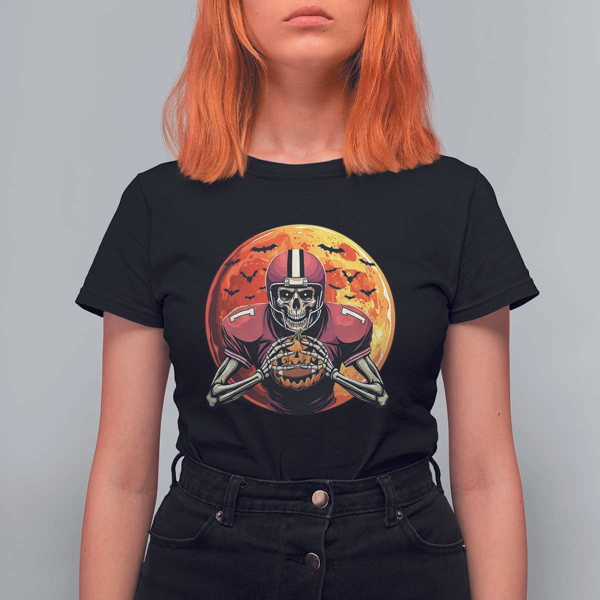 Halloween Football T Shirt For Women Spooky Skeleton Player - Wonder Print Shop