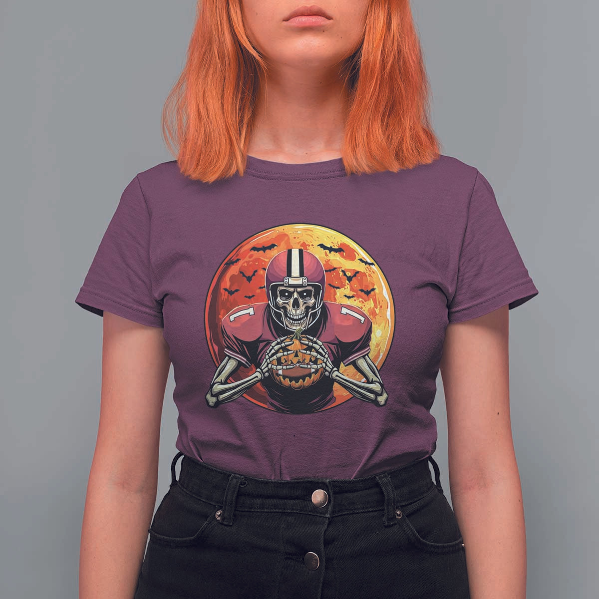 Halloween Football T Shirt For Women Spooky Skeleton Player - Wonder Print Shop