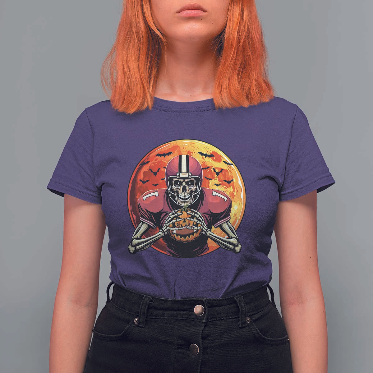 Halloween Football T Shirt For Women Spooky Skeleton Player - Wonder Print Shop