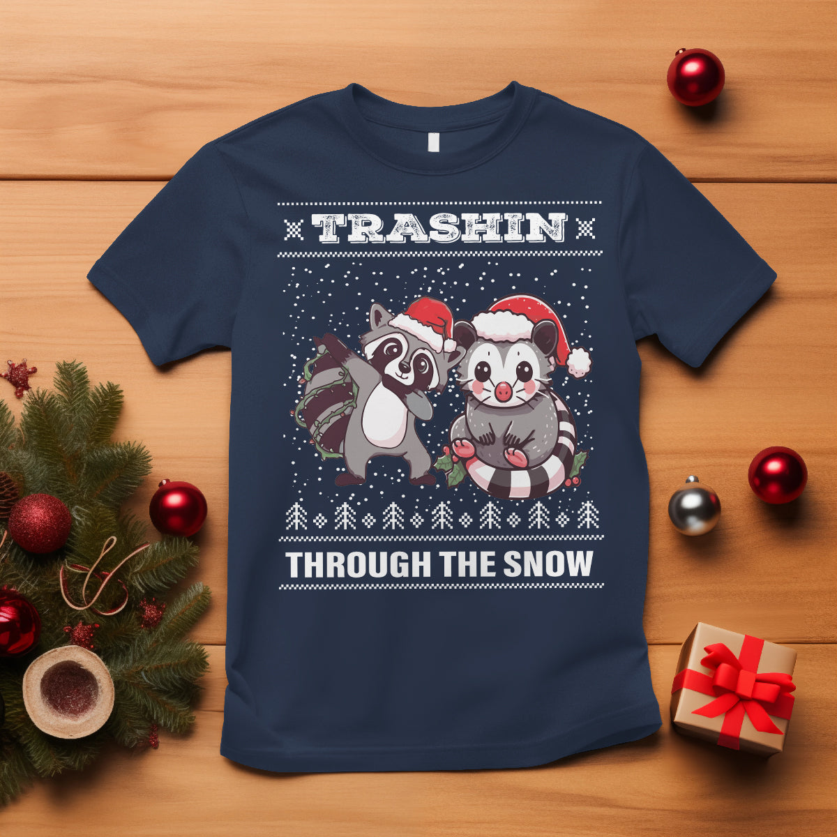 Christmas T Shirt Trashin Through The Snow Garbage Gang Opossum Raccoon Santa Hat - Wonder Print Shop