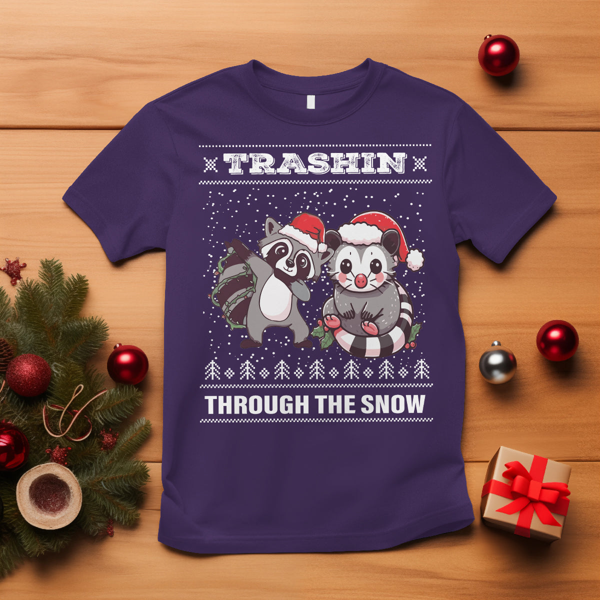 Christmas T Shirt Trashin Through The Snow Garbage Gang Opossum Raccoon Santa Hat - Wonder Print Shop