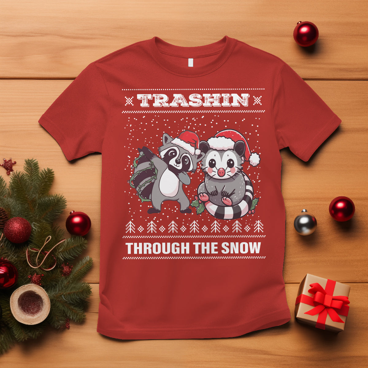 Christmas T Shirt Trashin Through The Snow Garbage Gang Opossum Raccoon Santa Hat - Wonder Print Shop