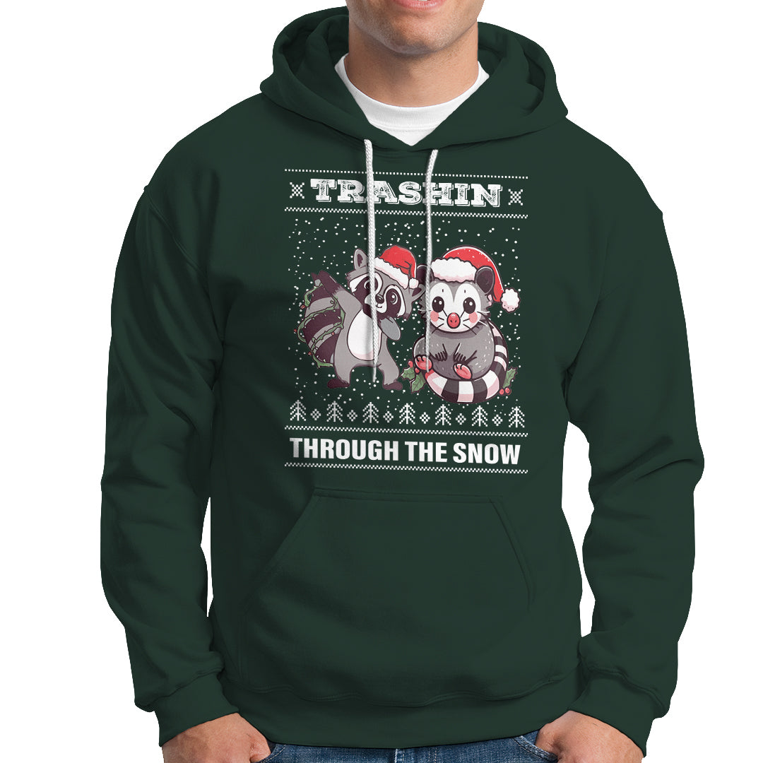 Christmas Hoodie Trashin Through The Snow Garbage Gang Opossum Raccoon Santa Hat - Wonder Print Shop