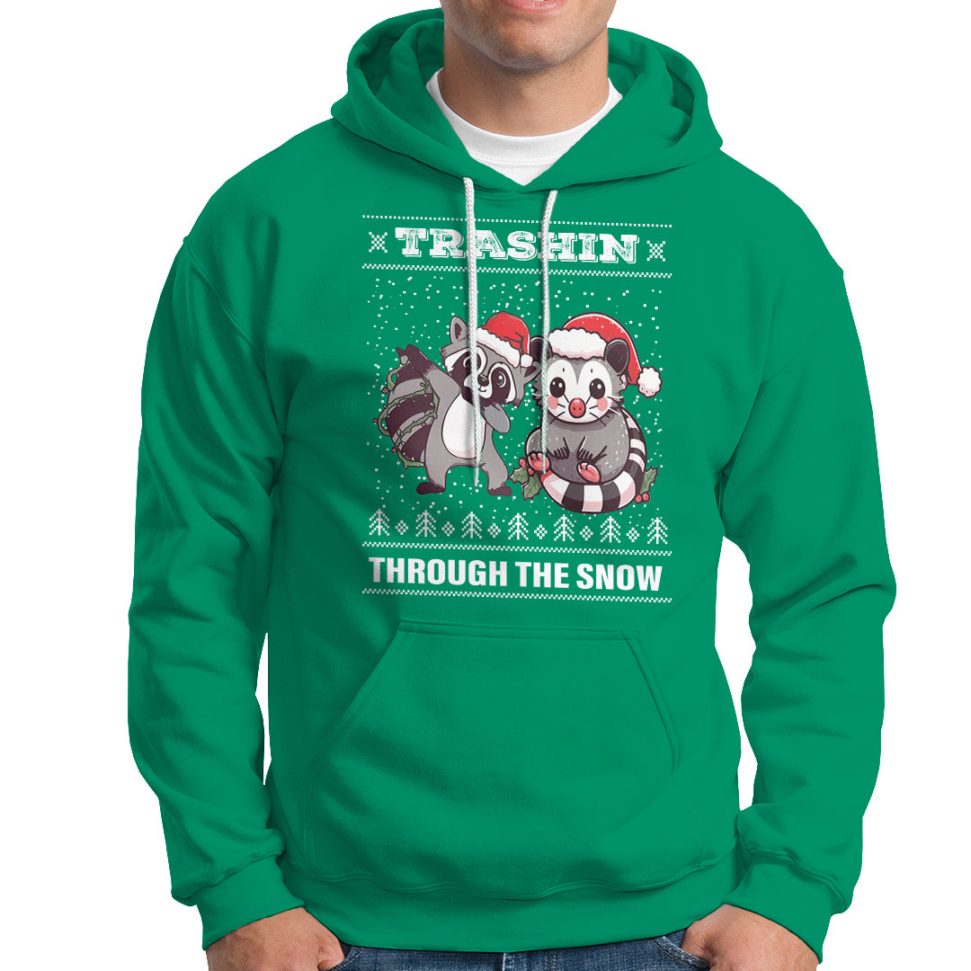 Christmas Hoodie Trashin Through The Snow Garbage Gang Opossum Raccoon Santa Hat - Wonder Print Shop