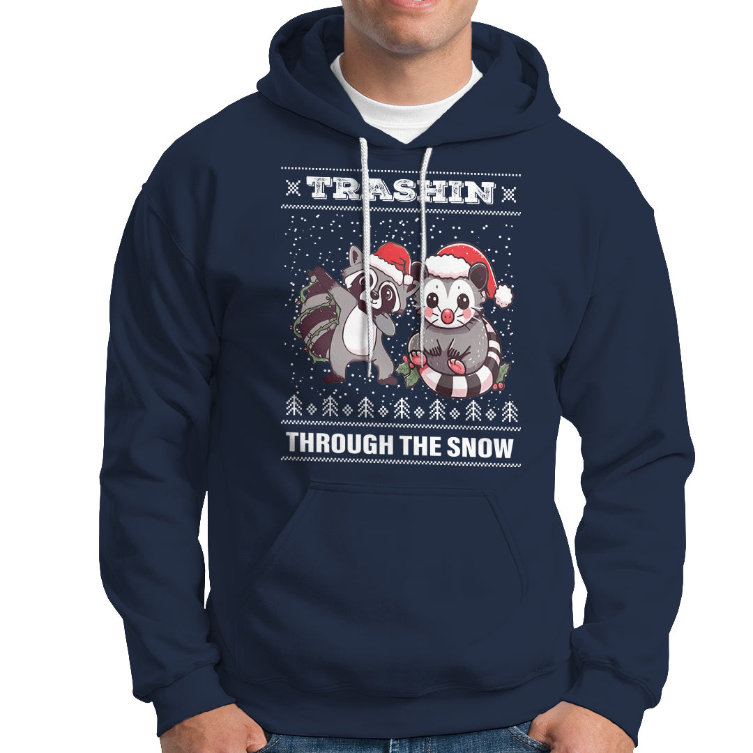 Christmas Hoodie Trashin Through The Snow Garbage Gang Opossum Raccoon Santa Hat - Wonder Print Shop