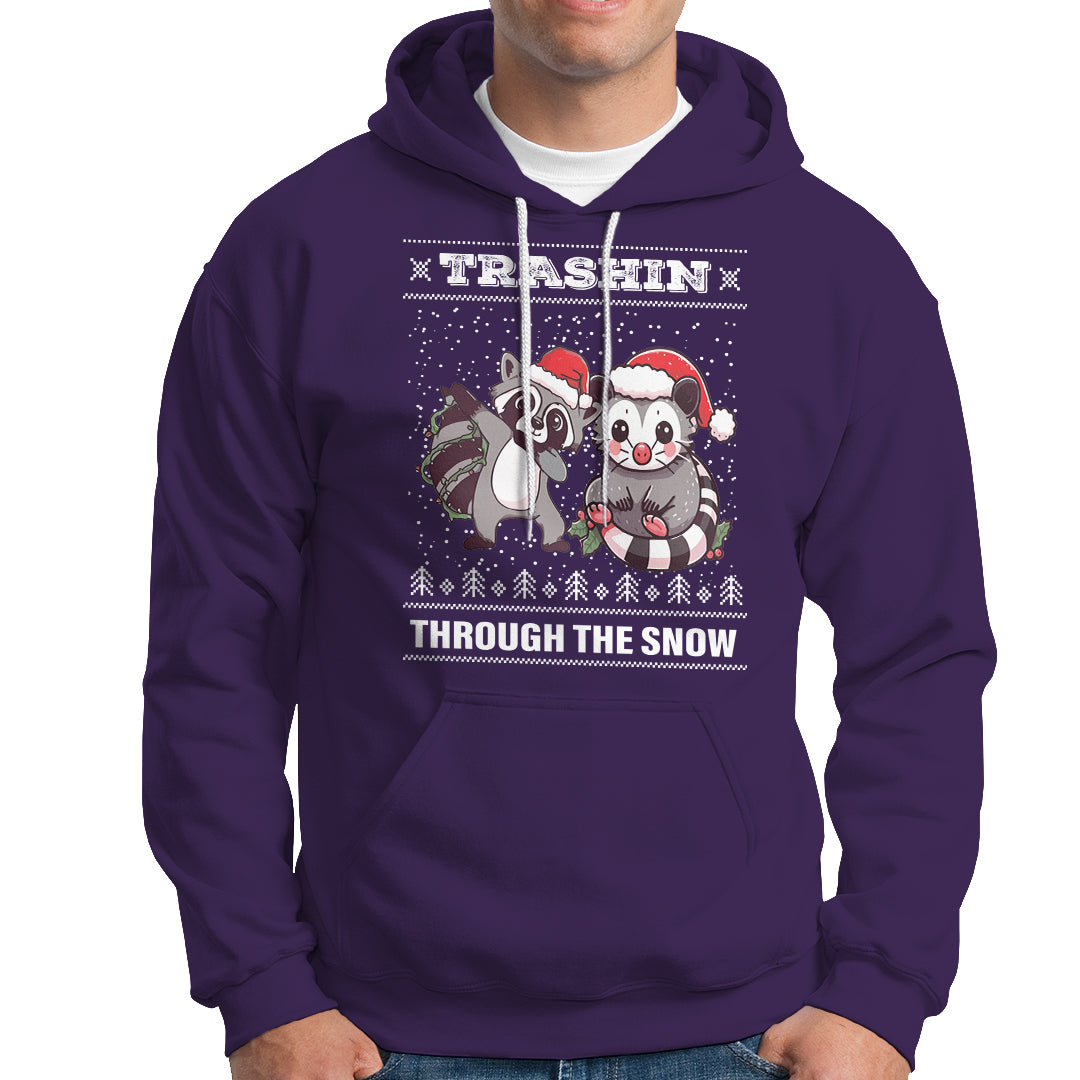 Christmas Hoodie Trashin Through The Snow Garbage Gang Opossum Raccoon Santa Hat - Wonder Print Shop