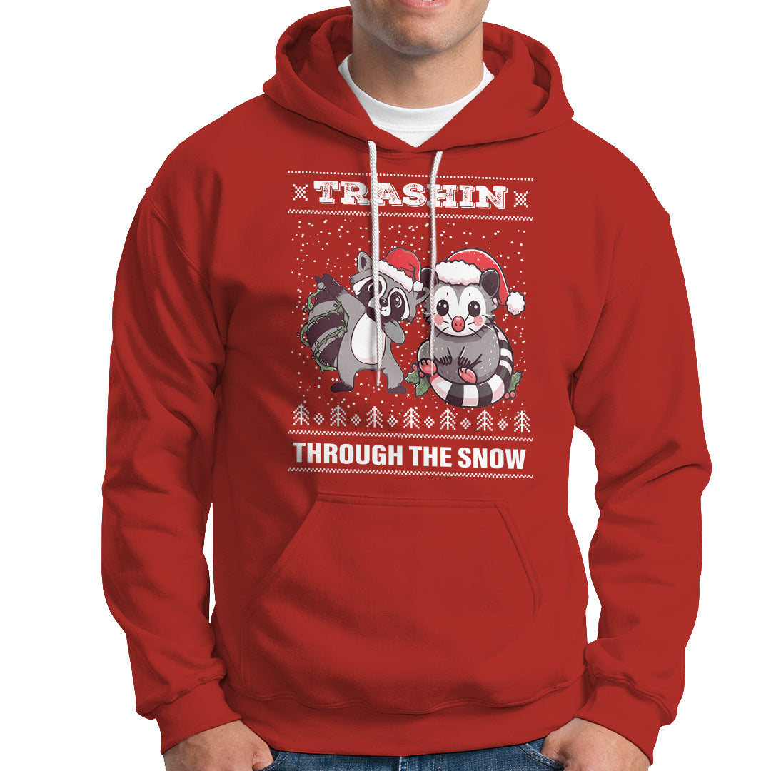 Christmas Hoodie Trashin Through The Snow Garbage Gang Opossum Raccoon Santa Hat - Wonder Print Shop