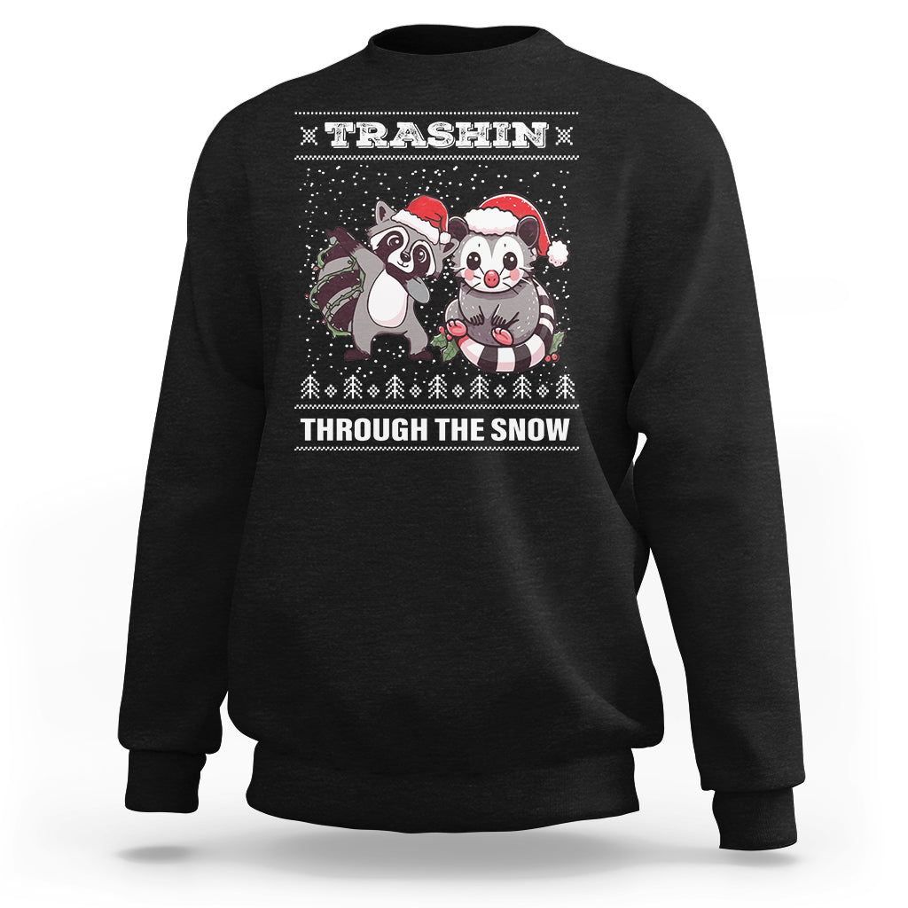Christmas Sweatshirt Trashin Through The Snow Garbage Gang Opossum Raccoon Santa Hat - Wonder Print Shop
