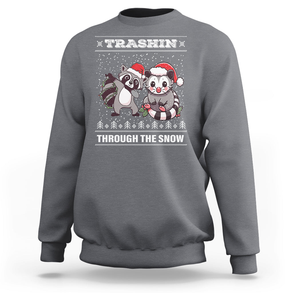 Christmas Sweatshirt Trashin Through The Snow Garbage Gang Opossum Raccoon Santa Hat - Wonder Print Shop