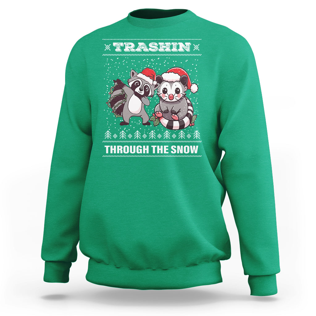 Christmas Sweatshirt Trashin Through The Snow Garbage Gang Opossum Raccoon Santa Hat - Wonder Print Shop