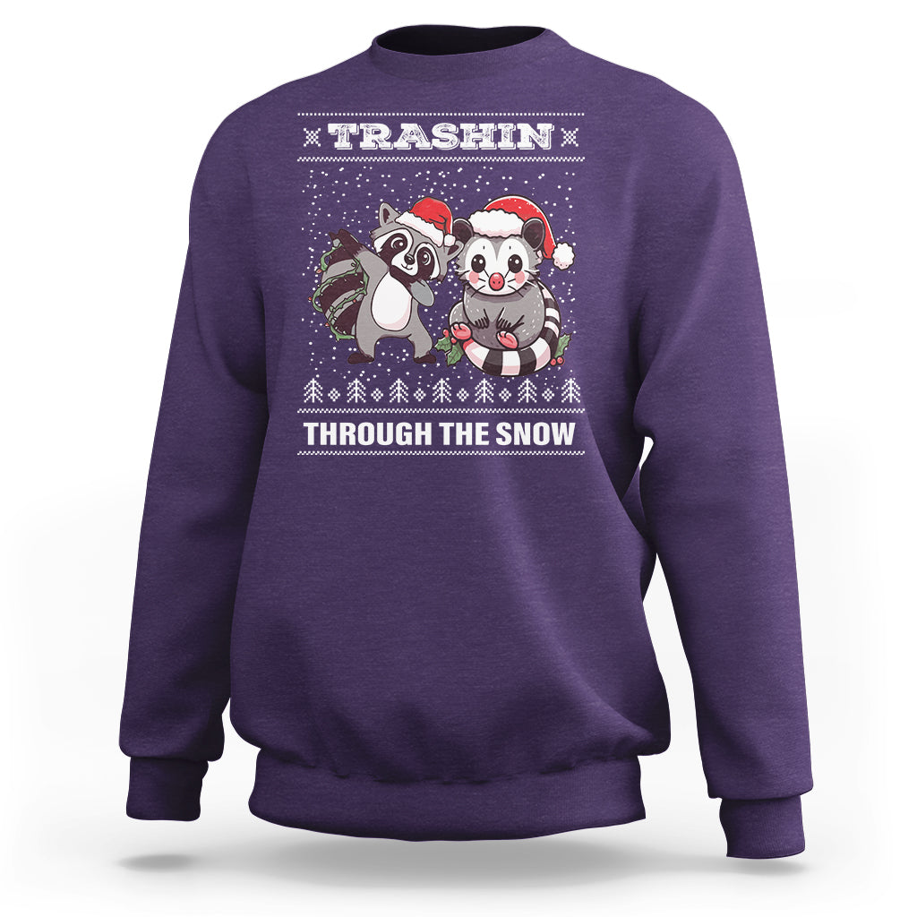 Christmas Sweatshirt Trashin Through The Snow Garbage Gang Opossum Raccoon Santa Hat - Wonder Print Shop