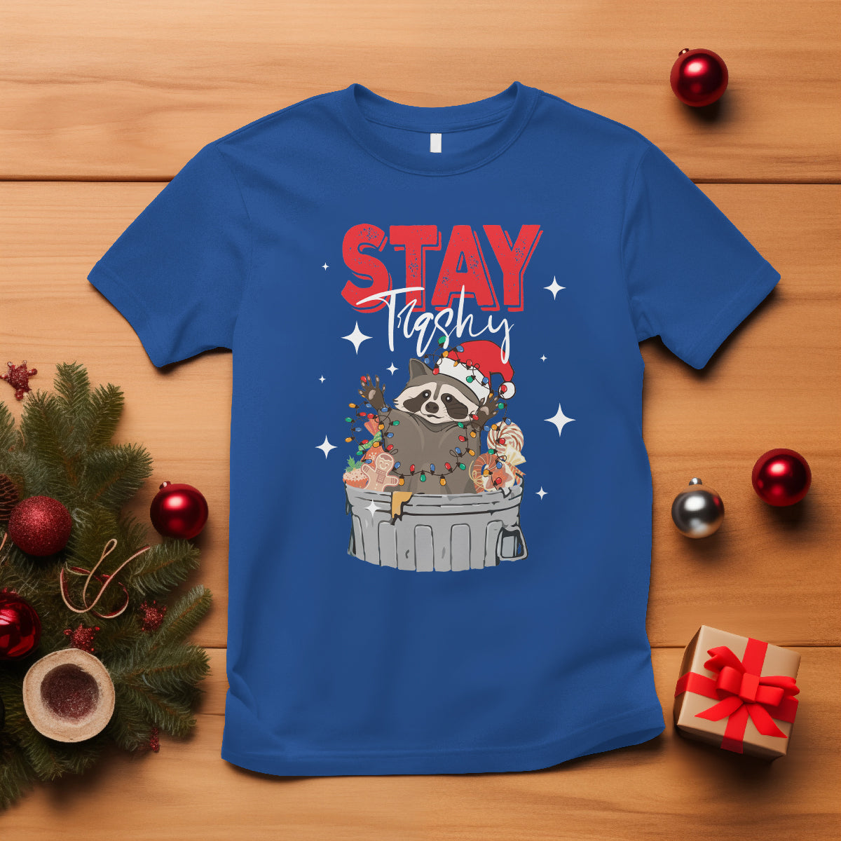 Stay Trashy Christmas Raccoon Garbage Trashin Santa Hat T Shirt - Wonder Print Shop