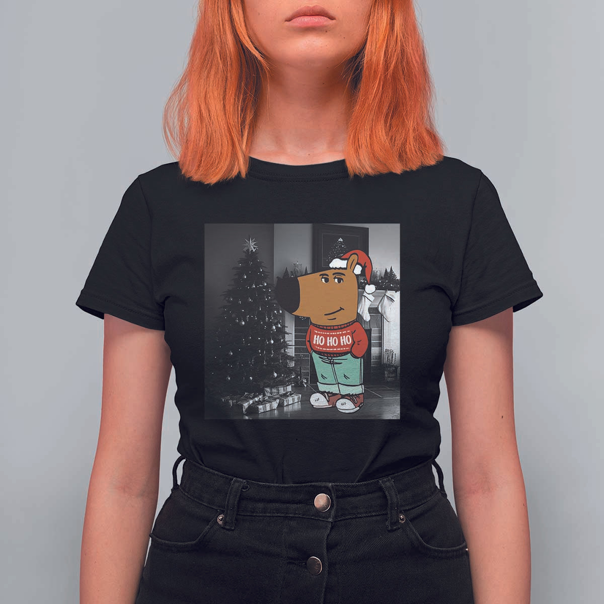 Funny Xmas Meme Chilling Guy Santa T Shirt For Women - Wonder Print Shop