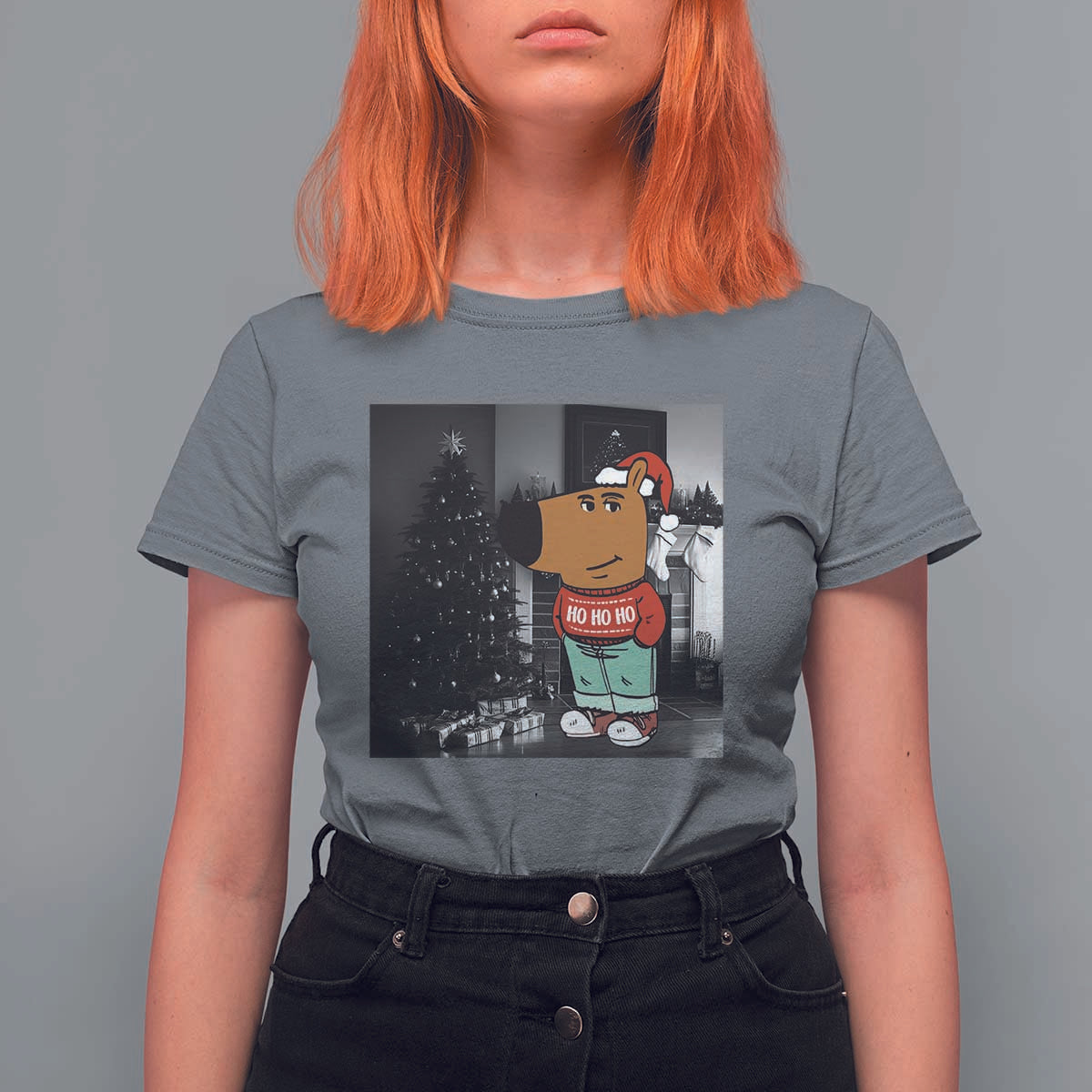 Funny Xmas Meme Chilling Guy Santa T Shirt For Women - Wonder Print Shop