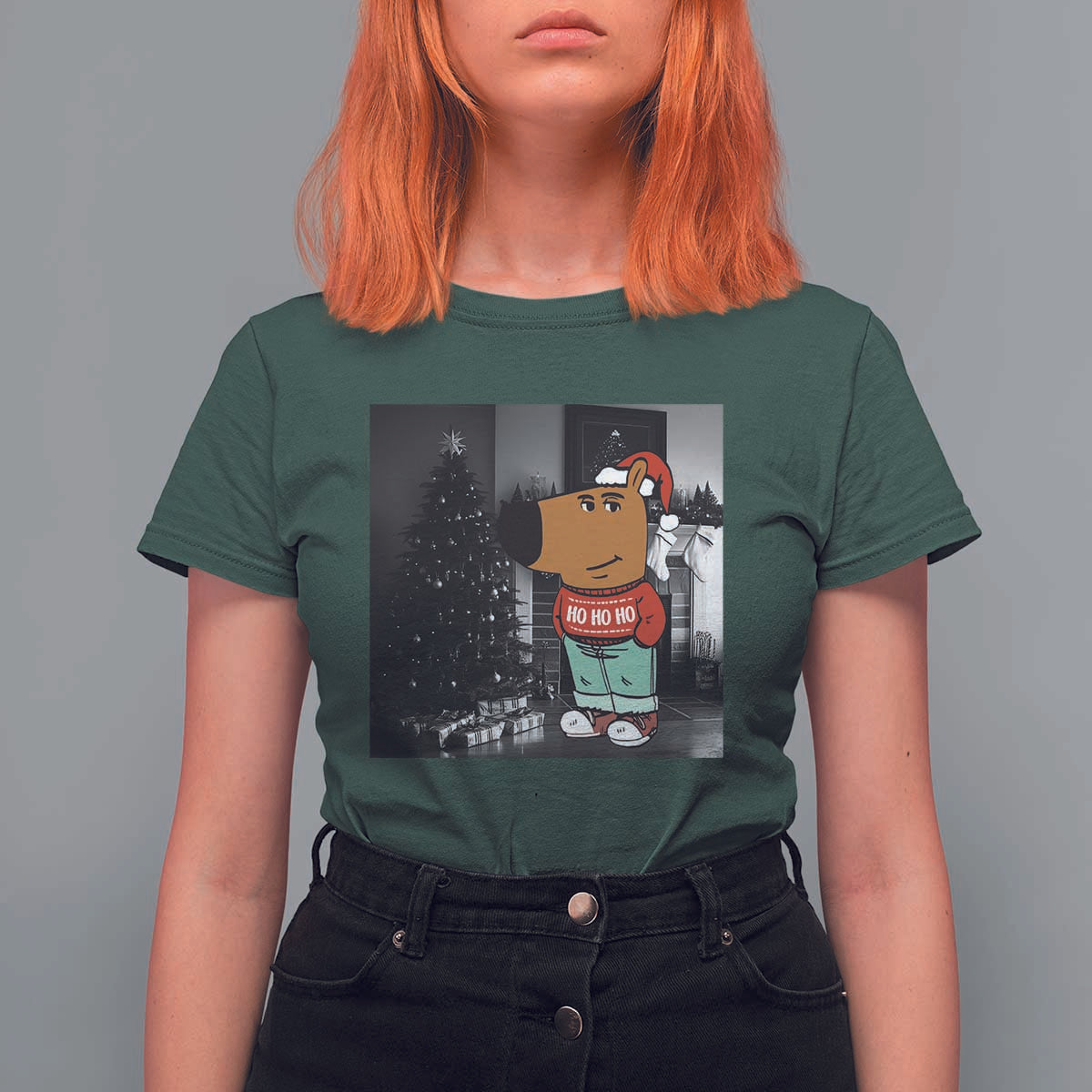 Funny Xmas Meme Chilling Guy Santa T Shirt For Women - Wonder Print Shop