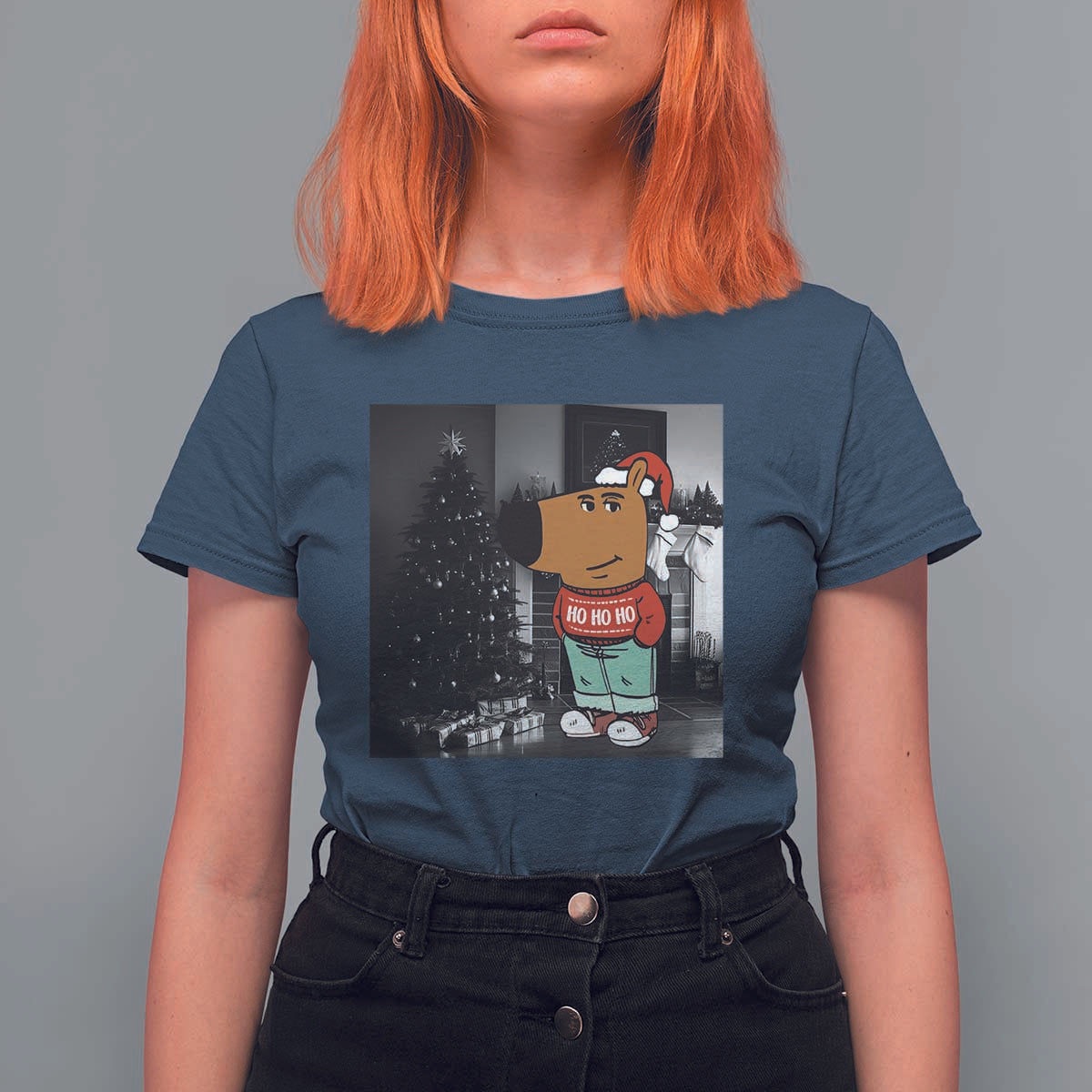 Funny Xmas Meme Chilling Guy Santa T Shirt For Women - Wonder Print Shop