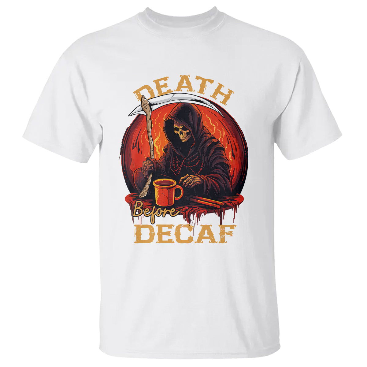 Death Before Decaf Skeleton Caffeine Coffee Drinker T Shirt - Wonder Print Shop