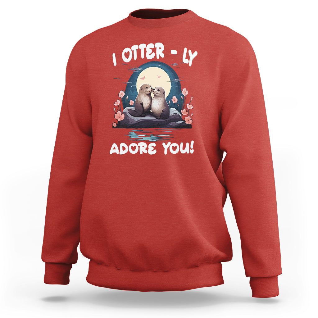 Valentine's Day Sweatshirt I Otterly Adore You Cute Otter Holding Hand Kisses - Wonder Print Shop