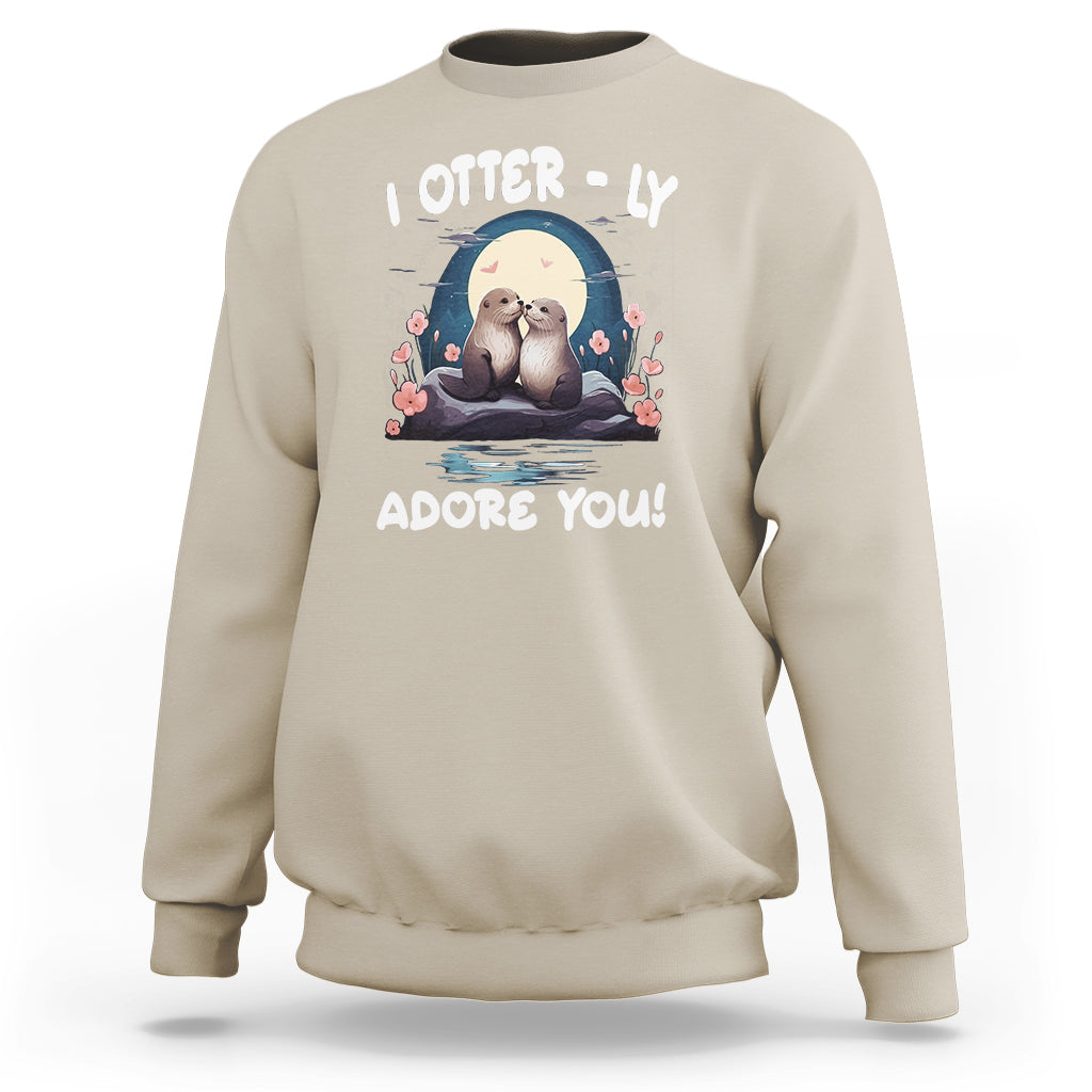 Valentine's Day Sweatshirt I Otterly Adore You Cute Otter Holding Hand Kisses - Wonder Print Shop